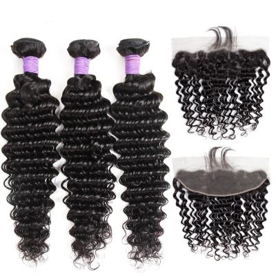 China Deep Wave 28 30 Inch Deep Wave Bundles With Closure Brazilian Remy Human Hair 3 Bundles With 4x4 5x5 6x6 Lace Frontal Closure for sale