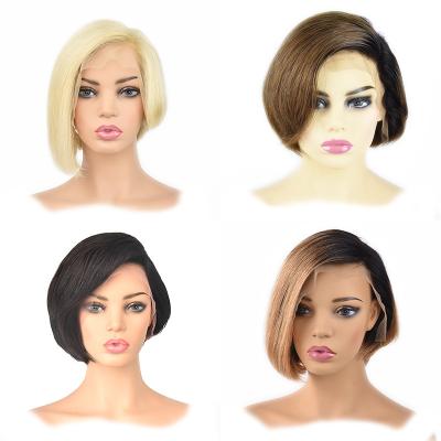 China Silky Straight Wave 13x6 Lace Up Wigs Pixie Cut Ombre Color 1B 27 Front Human Hair Short Bob 613 Black Straight Blonde For Women Brazilian Remy Hair for sale