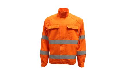 China Orange Jacke des CVC 55% der Baumwolle45% Polyester-245GSM mit Klappen-Taschen des Reflektorstreifen-zwei zu verkaufen