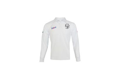 China 180GSM Lapel Collar Men White Long Sleeve T Shirt With Buttons And Embroidery for sale