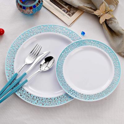 China Fancy Disposable Trim Disposable White Silver Lace Gold Gold Plastic Dishes For Wedding Restaurant Party for sale