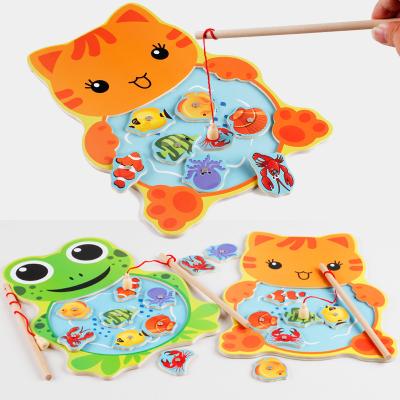 China Popular Fishing Toys 2022 Early Childhood Education Magnetic Kitten Frog Fishing Wooden Children Game Educational Concentration Training Toy for sale