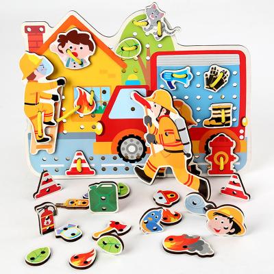 China Wooden Early Education Matching Puzzle Card Wooden Game Farms And Fire Fighting Children Education Hand Eye Eye Threading Board Game for sale