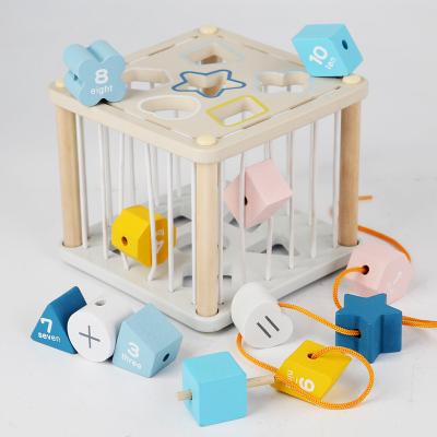 China Early Education Baby Wooden Shape Matching Cube Activity Box Toy Montessori Geometric Building Blocks Color Matching Sensory Play for sale