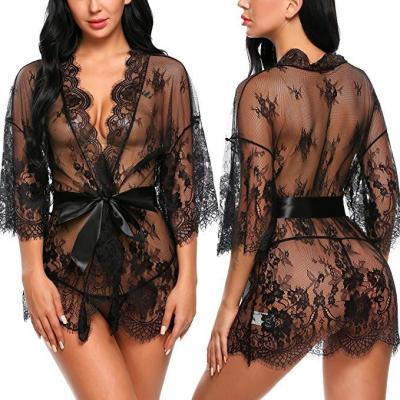 China QUICK DRY Women's Sexy Lace Kimono Robe Babydoll Pajamas Nightgown Lingerie Set Mesh Nightgown Sleepwear S-3XL for sale