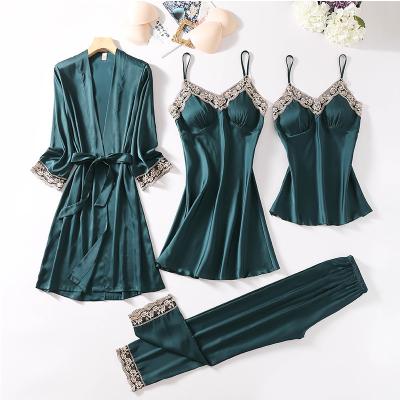 China Retail new QUICK DRY hot four pieces sets women's summer home robe silk pajamas hot sale silk bridal bathrobe for sale