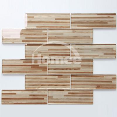 China Size 48x148mm Chip Parquet High Temperature Printing Imported New Living Room Wall Deco Tiles Dubai Glass Mosaic Slab for sale