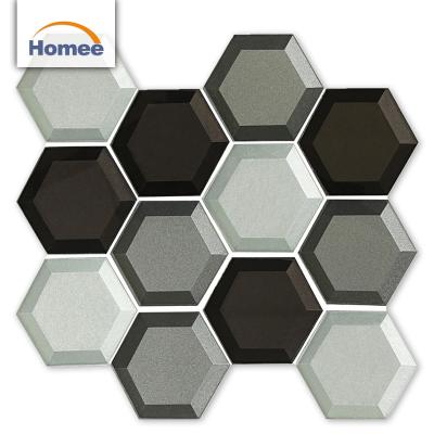 China Low Price Foshan Decorative Black Parquet Hexagon Design Gray Colored 3D Mix Metal Glass Mosaic for sale