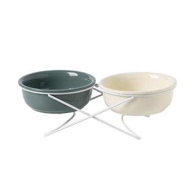 China Popular Non-automatic Cervical Spine Protect High Ceramic Double Bowls Pet Feeder With Metal Stand for sale