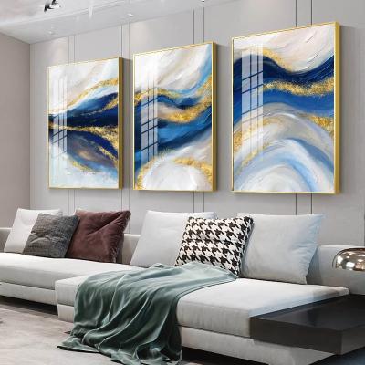 China Waterproof Home Decor Blue And Gold Ocean Abstract Luxury Style Wall Art Porcelain Graphics Crystal Wall Paintings for sale