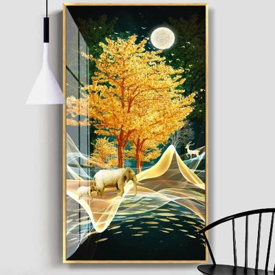 China Waterproof Home Glass Art Nordic Wall Art Money Tree Decoration Porcelain Crystal Painting for sale