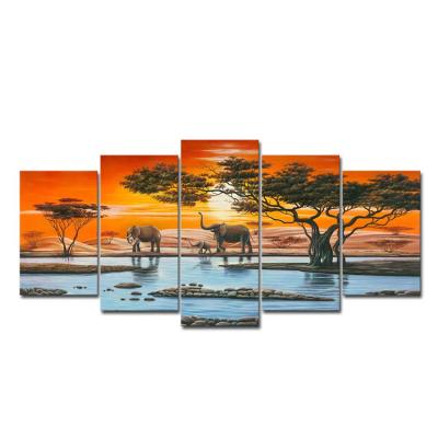 China Modern African Elephant Family Landscape Waterproof Microjet Printing Artwork Animal 5 Piece Canvas Painting for sale