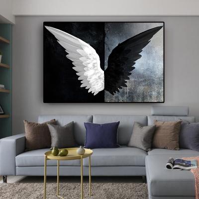 China Waterproof Black And White Mighty Wings Canvas Wall Art Picture For Living Room Wall Art Feather Scandinavian Painting for sale