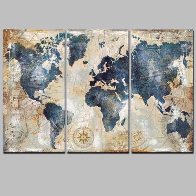 China Modern Waterproof Canvas Wall Decoration Posters 3 Panel World Map Printed Canvas Wall Art for sale