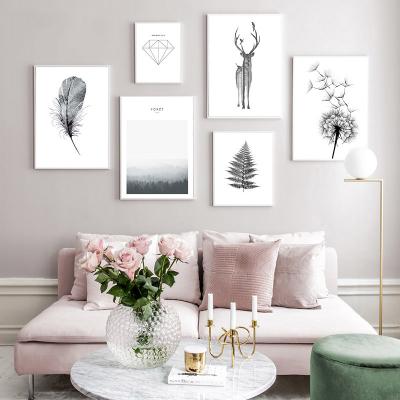 China Waterproof White Dandelion Deer Black Poster Style Nordic Wall Art Canvas Painting For Living Room Decor for sale