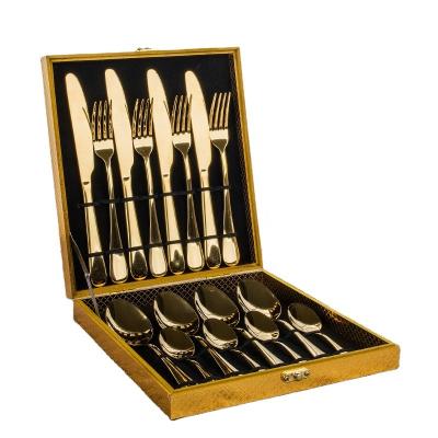 China Royal Titanium Gold Plated Flatware Wholesale Viable, 16 Pcs Gold Plated Cutlery Set Wholesale With Wooden Box For Wedding Party Gift for sale