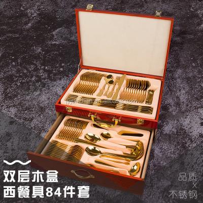 China Viable Hot Sale 84pcs Gold Color Stainless Steel Flatware Sets Mirror Polishing Flatware Sets For Wedding Hotel Party for sale