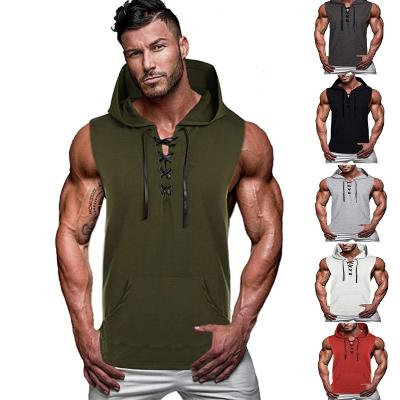 China QUICK DRY Mens Vests And Waistcoats Summer Clothing Solid Sleeveless Drawstring Vest With Pockets Gym Wear Hoodie Vest for sale