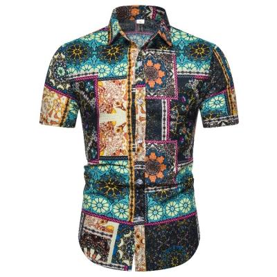 China Anti-pilling 2022 trend shirts for men's ethnic linen fiber short sleeve printing beach shirt men's pique shirt for sale