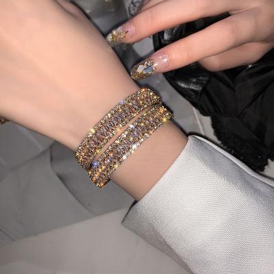 China Glitter Open Chain CZ Diamond Crystal Bracelet For Women Party Luxury Rhinestone Wide Tennis Vintage Bling Bangle Bracelet for sale