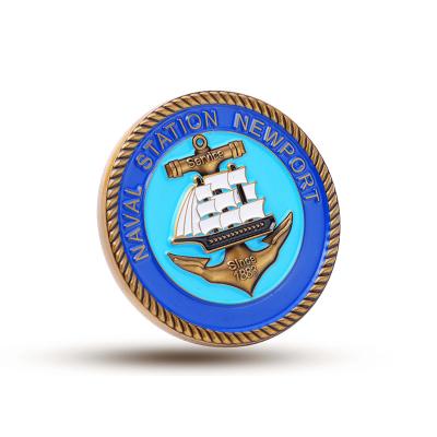 China Europe Marine Sailboat 3D Custom Factory Price Engrave Blue Collectible Challenge Coin for sale