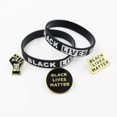 China Europe Factory Price Black Lives Import Lapel Pin BLM Badge and Silicone Wristband for sale