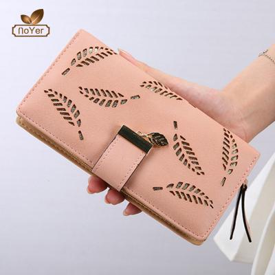 China Plus Card Slot Style PU Leather Hand Purse Ladies Lovely Korean Leaf Hollow Wallets For Women Wallets for sale