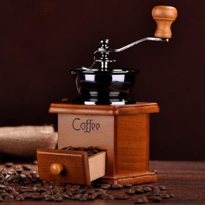 China Hotel Bean Coffee Grinder Antique Wooden Detachable Manual Burrs With Drawer Retro Design Style for sale