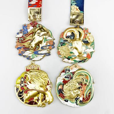 China Luminous 3D China Chinese Zodiac Twelve Zodiac Signs Gold Metal Medal For Sport Event Award for sale