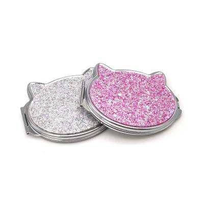 China Europe Women Bling Cartoon Cat Metal Pink Silver Compact Shiny Pocket Mirror For Cute Wedding Gifts for sale