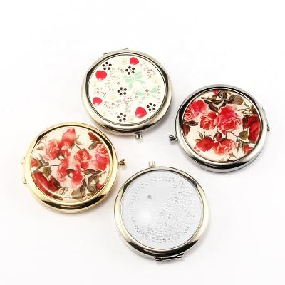 China Europe factory women metal round printing flower stickers compact portable makeup mirror in stock for sale