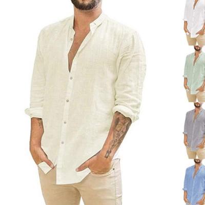 China QUICK DRY Customize Fashion Men's V-Neck Casual Shirts Button Up Long Sleeve Casual Blouse Solid Cotton Top Beach Canvas Fabric for sale