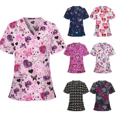 China Hospital Plus Size Short Sleeve 10 Colors Printing Medical Nurse Uniforms Scrub Top for sale