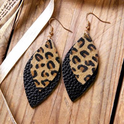 China Other wholesale hot sale double layer glitter leopard print tear drop leaf earrings horse eye leaf leather genuine leather earrings for sale