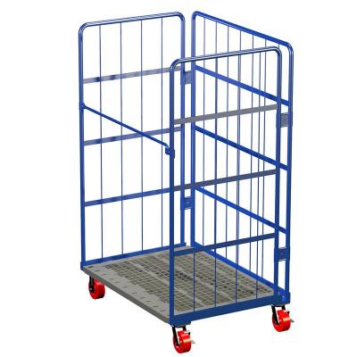 China Steel Zinc Wire Mesh Roll Cage Pallet Trolley for Warehouse Supermarket Cargo Storage for sale