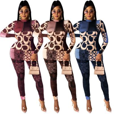 China R388 Latest Lady Fashion Autumn 2 Piece High Neck Breathable Print Sets Lady Suit Pants Two Piece Women Clothes 2021 New Arrivals Designer for sale