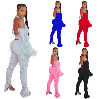 China N552 QUICK DRY backless pleated top two-piece sleeve crop suit tracksuit panties set solid color fall 2020 women fashionable clothes for sale