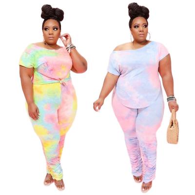 China N691 Plus Size Tie QUICK DRY Dye Printed T-shirt Crop Top Two Piece Suit Tracksuit Pleated Pants Set Skinny Color Women Clothes 2020 Trendy for sale