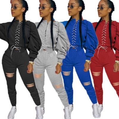 China Solid N1000 QUICK DRY Lace Up Pleated Crop Top Two Piece Suit Sweatpants Sets Fashionable Color Outfits Women Clothes 2021 for sale