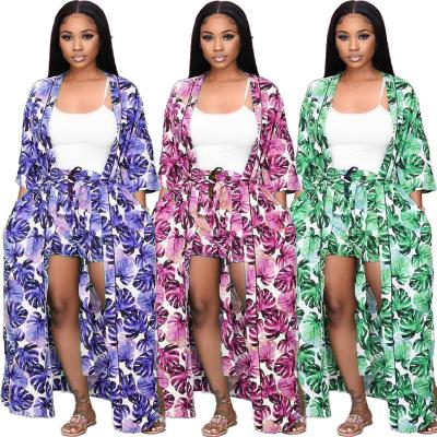 China Breathable N282 Long Sleeves Printed Crop Top Two Piece Suit Tracksuit Shorts Set Fashionable Pure Color Loose Coat Clothes for sale