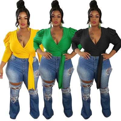 China Size N238 Solid Color Crop V-Neckline Loose Pleated Deep Criss-Cross Top Fashion Shirt Plus Size Women's T-shirt Clothing for sale