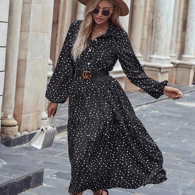 China Spring 2022 Breathable Dress Size, Lapel, Long Sleeve, Black Polka Dot Dress for sale