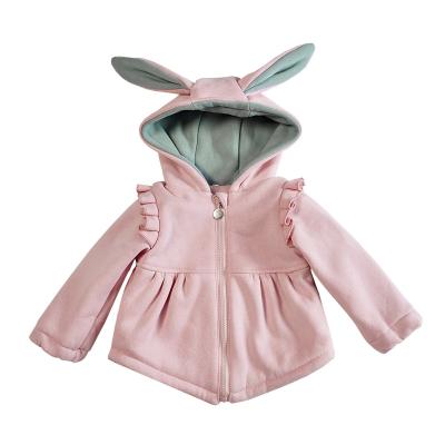 China Fashion Design Breathable Cute Rabbit Ears Hat Pocket Fold Zipper Striping Winter Cotton Jacket Baby Thick Warm Jacket for sale