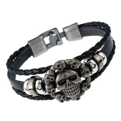 China Alloy Retro Skull Head Bracelet Woven PU Bracelet Wristband Leather for sale