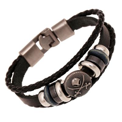 China 2020 Retro Men's Woven PU Leather Bracelet Pirate Metal Bracelet Leather Beads Bracelet for sale