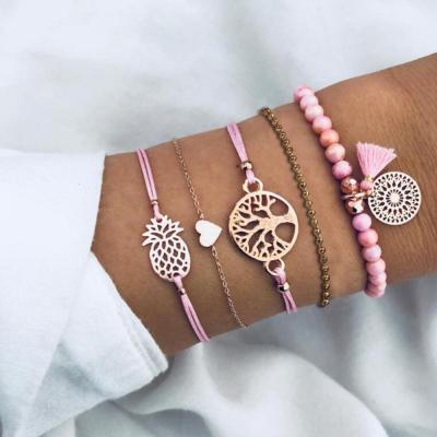 China Women Style New Style Pink Women Pineappe Heart 5 Pcs Tree Of Life Set Bracelet For Girls for sale