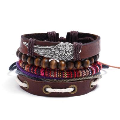 China Man Style 4Pcs Braided Leather Bracelet Alloy Feather Multilayer Mens Leather Bracelet for sale