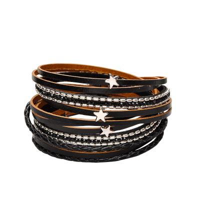 China Women Style Black Genuine Leather Silver Stars Multilayer Crystal Magnetic Bracelets For Women Bohemia Style Bracelet for sale