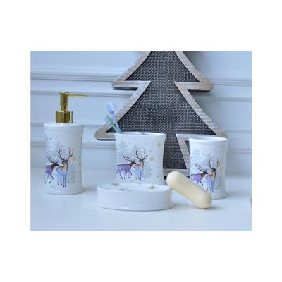 China Viable Elk Deer Printed Decorative Modern Ceramic Luxury Design 4pcs Bathroom Accessories Set for sale