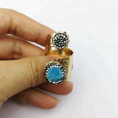 China Latest Natural Gemstone Druzy Quartz Blue Green Stones Double Rings Gemstone Diamond To Pave Gold Rings Adjustable Jewelry for sale